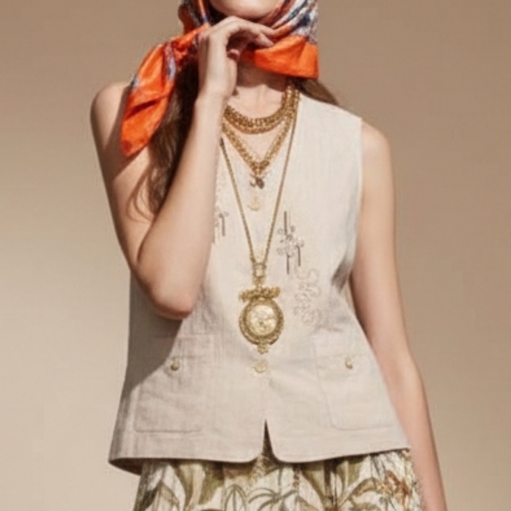 Embroidered Vest Linen Blend Beige US10